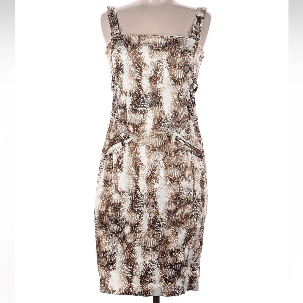 Vintage Cache Lace Up Corset Sides Midi Dress Snakeskin Print Size 6 Small S